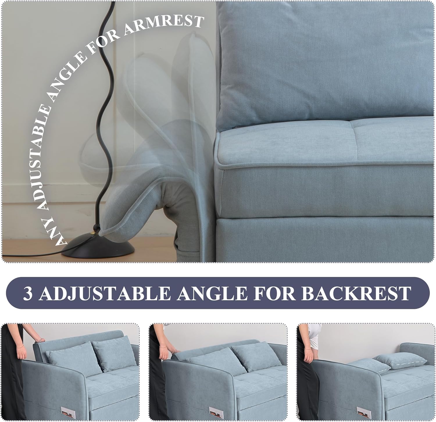 53.5in 3 in 1 Multi-Function Chenille Fabric Double Sofa Bed Post-Modern Minimalist with Pull-Out Bed with Adjustable Backrest/Lumbar Pillow/Side Pockets Storage, Bluish Grey, SFC848003