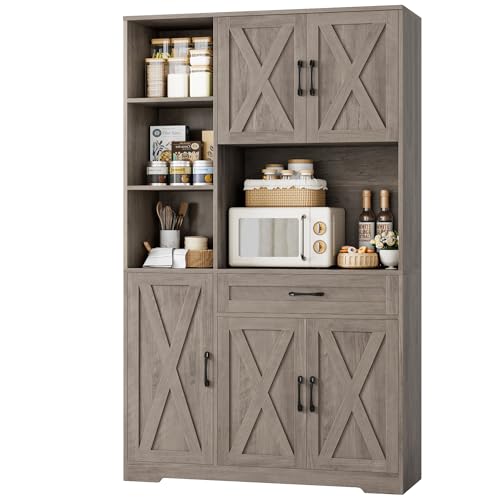 HOSTACK 71" Tall Kitchen Pantry Storage Cabinet, Farmhouse Food Pantry Cabinet with Microwave Stand, Barn Doors Kitchen Hutch with Large Drawer and Shelves for Dining Room, Ash Grey