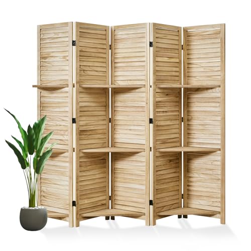 Room Divider with Shelves, 5.6 Ft Tall Folding Wood Screen with Double Hinges for Home Office Bedroom Hotel Decoration (6 Panels, Brown)