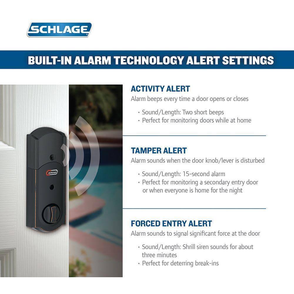 Schlage Camelot Aged Bronze Touchscreen Deadbolt with Alarm and Handleset with Accent Interior Lever