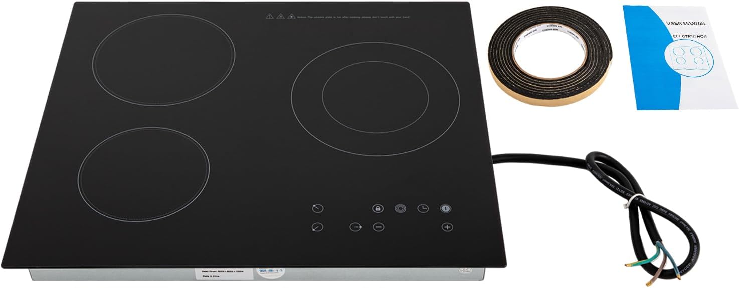 24 Inch Electric Cooktop, 3 Burners Radiant Electric Stove Top 110V, 2600W Ceramic Electric Stove with Timer, Child Safety Lock, Sensor Touch Control(No Plug)