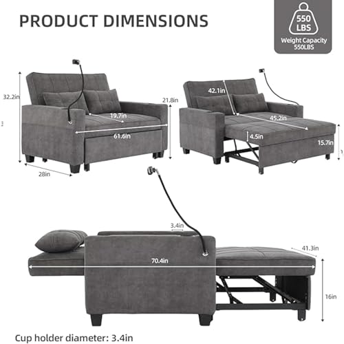 3 in 1 Convertible Sleeper Chair Bed,Pull Out Chair Sleeper with USB Ports and Cup Holders,Sleeper Sofa Bed Chair with Adjustable Backrest for Living Room (Blue, Sleeper Chair)