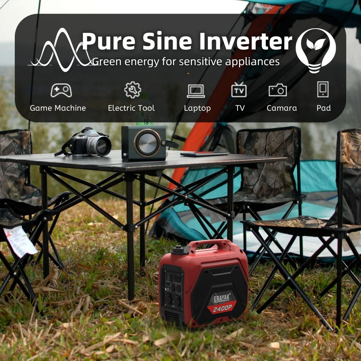 Erayak Portable Inverter Generator 2400W, Super Quiet, For RV, Camping & Home Backup Fuel Gasoline
