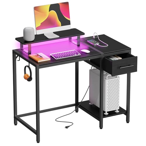 Computer Desk with Drawers, 55 inch Office Desk with Storage and Monitor Stand,Gaming Desk with LED Light and Power Outlet, Work Desk for Home Office,Rustic Brown