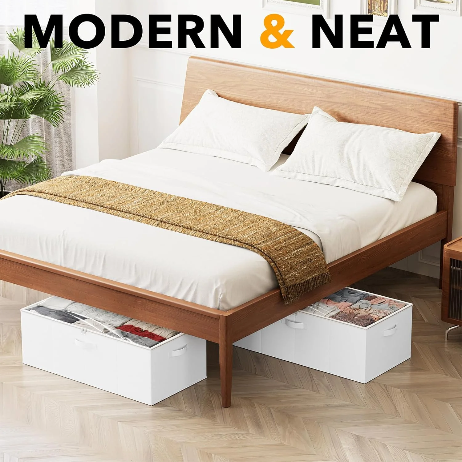 2 Pack 10 High Under Bed Storage Containers, Large Underbed Storage Organizer Bins with Lids for Bedroom, Dorm, Clothes, Closet Organization, Bed Sheets and Blankets (Beige)