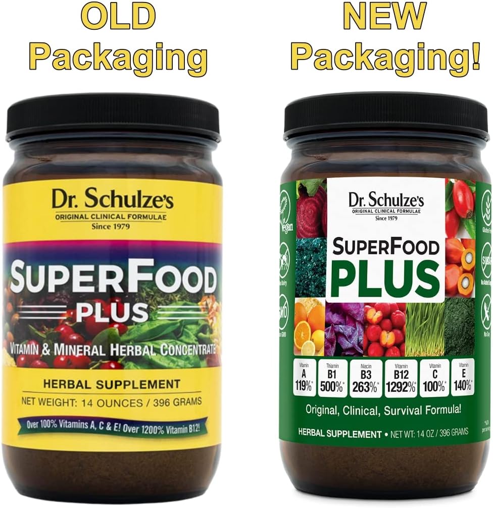 Dr. Schulze’s - SuperFood Plus | Vitamin and Mineral Herbal Concentrate | Daily Nutrition | Gluten-Free and Non-GMO | Vegan | 14 Ounce Powder | Packaging May Vary Pack of 2