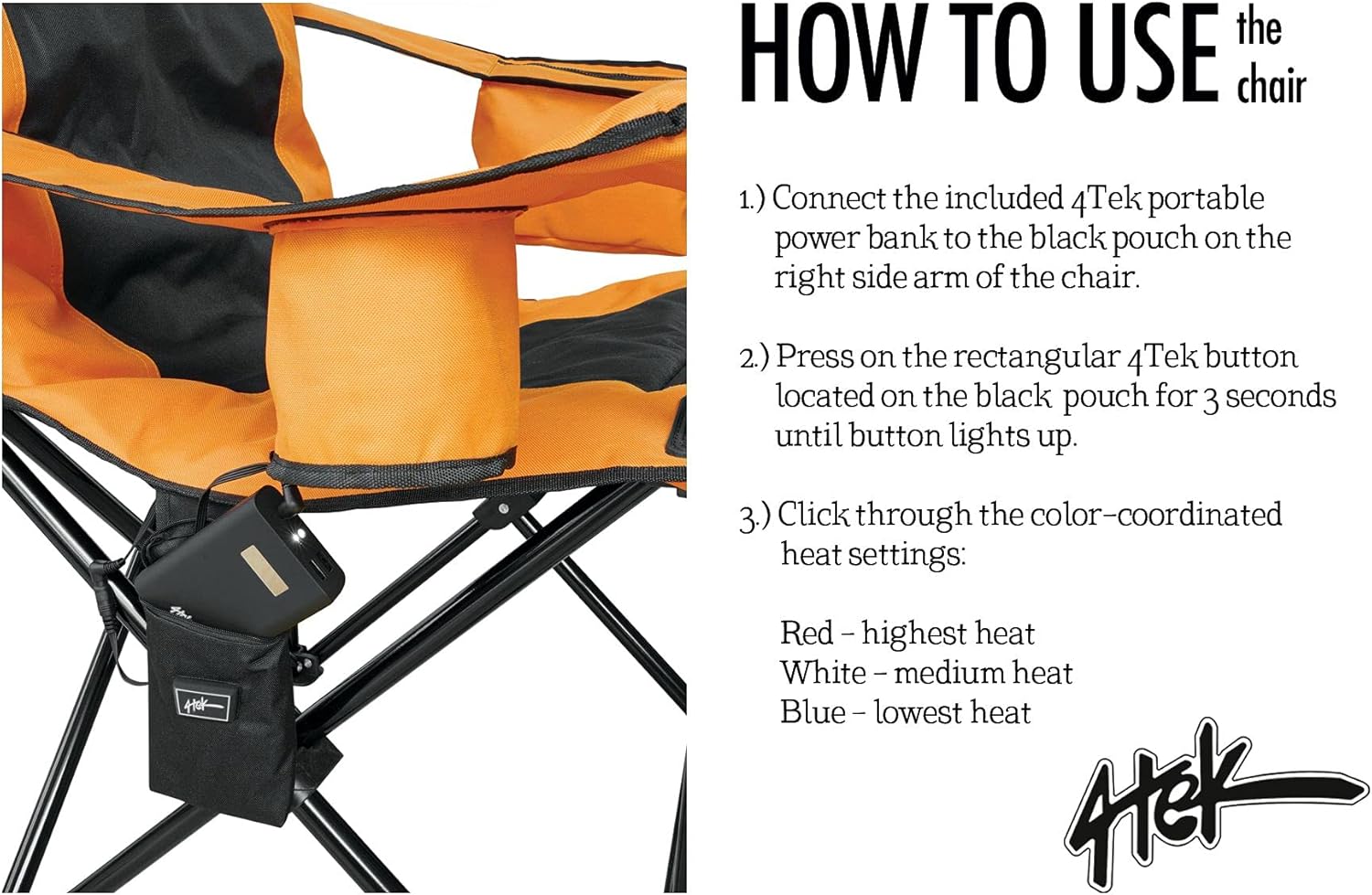 4Tek - Heated Chair - Portable Chair Perfect for Outdoor Camping, Sports, Beach, Lawn and Picnics | Orange & Black | Large Seat - Includes Battery Power Bank
