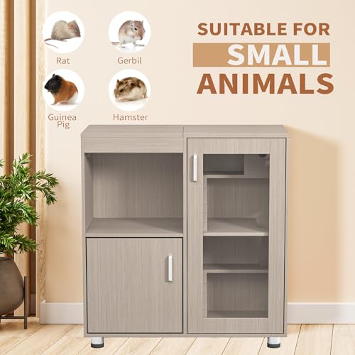 4-Tier Wooden Hamster Cage with Storage Cabinet, House for Rat Chinchilla, Openable Top, Acrylic Windows, Easy to Install, Waterproof, Suitable for Small Animals like Hamsters, Guinea Pigs (Teak)
