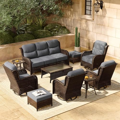 Luxury Patio Furniture Set with 6-inch Thick Cushion, Outdoor Couch and High Back Swivel Rocker Patio Chairs, 7PCS Wicker Conversation Set for Deck, Yard, and Poolside in Blue (V2)