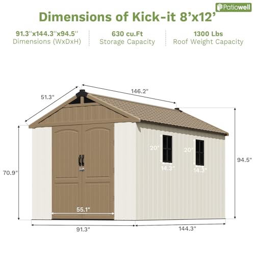Patiowell 8 x 12 FT Plastic Outdoor Storage Shed with Floor, Resin Shed with Window and Lockable Door for Garden, Backyard, Tool Storage Use, Easy to Install in Beige (Kick-it Shed)