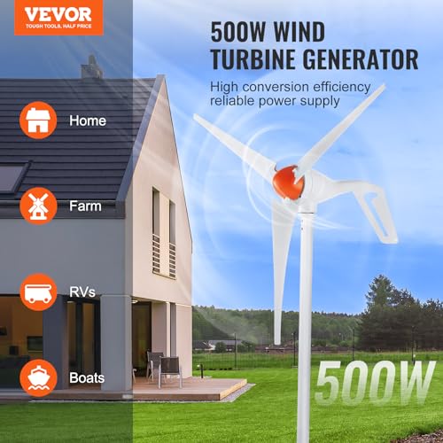 VEVOR 500W Wind Turbine Generator, 12V Wind Turbine Kit with MPPT Controller, 3-Blade Wind Power Generator with Adjustable Windward Direction, 2.5m/s Start Wind Speed for RVs, Boats, Home, Farm