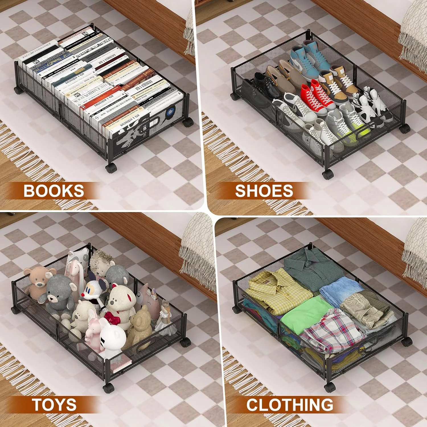 Under Bed Storage Containers,2 Pack Foldable Underbed Storage Containers with Handles and Wheels,Folding Bed Shoes Clothes Organizer,Easy Assembly Underbed Storage for Toy,Bedding,Bedroom(Black)