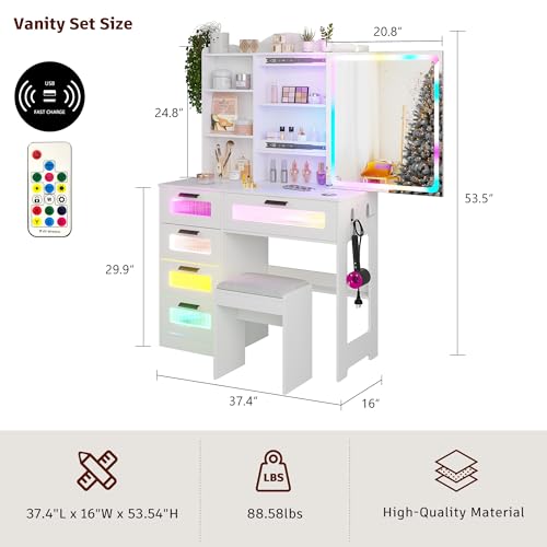 Vanity Desk with Mirror and Lights, RGB LED Makeup Vanity Desk with Charging Station, Vanity Table with Stool & Sliding Touch Mirror, Girls Vanity Set with 5 Drawers (White)