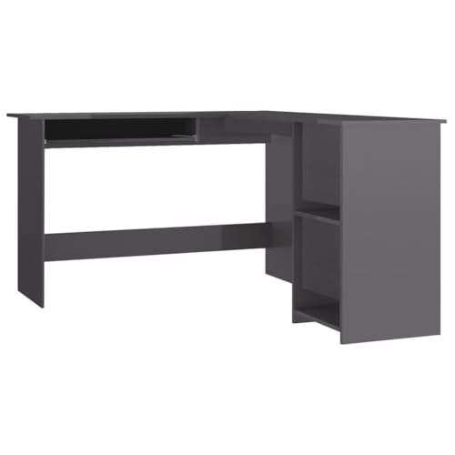 L-Shaped Corner Desk High Gloss Gray 47.2"" x 55.1"" x 29.5"" Engineered Wood,Modern LShaped Corner Office Desk with Sliding Keyboard Tray and Shelves Home Office Furniture, Grey