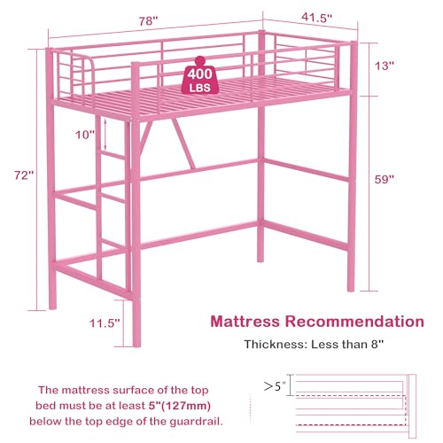 VECELO Metal Loft Bed Twin Size, Heavy Duty Bedframe with Removable Ladder and Safety Guardrail, Space-Saving, Noise Free, No Box Spring Needed, Off White