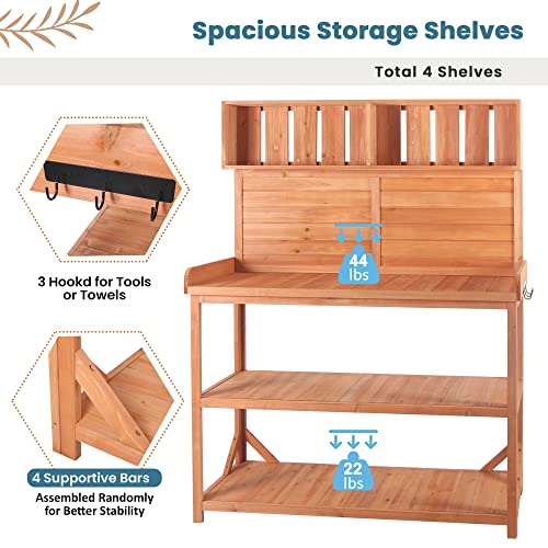 Outdoor Wooden Potting Bench Table – Farmhouse Garden Workstation with Drawers, Cabinet & Storage Shelves, Large Fir Wood Work Table for Patio, Backyard, Mudroom, Greenhouse (Light Brown, 66''H)