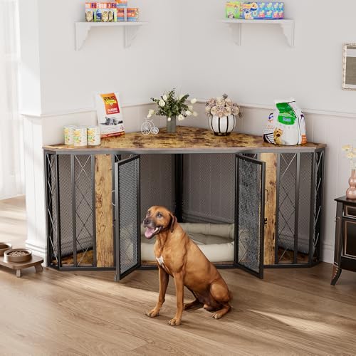 48'' Dog Crate Furniture with Removable Divider & Storage Drawers, Wooden Double Dog Cage TV Stand with 2 Sliding Barn Doors, Multi-Functional Dog Crate End Table for Indoor use (White)