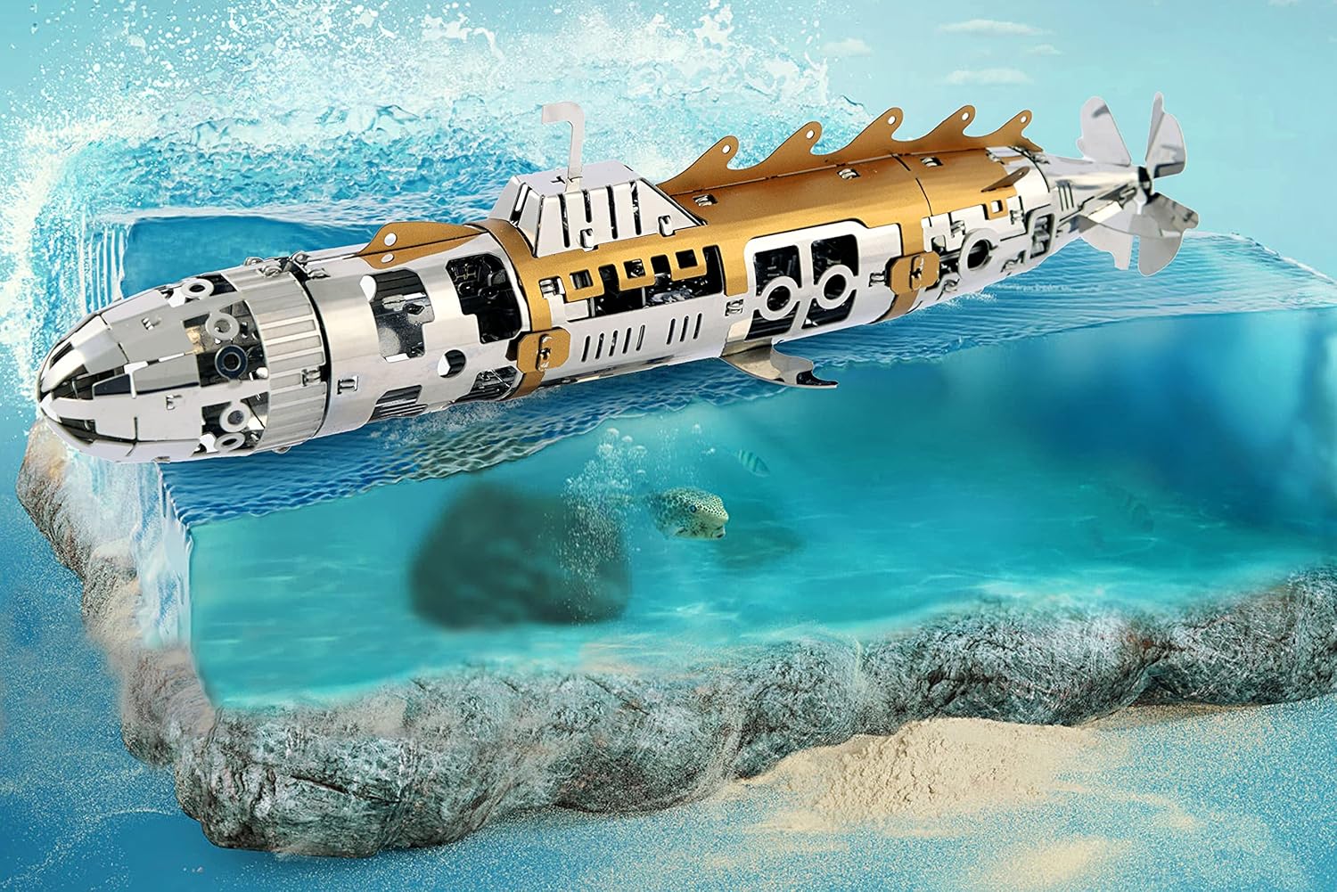 METAL-TIME Elusive Nautilus Submarine 3D Metal Mechanical Model Building Kit | Unique Wind-Up Moving Mechanism | Assemble Disassemble Stainless Steel Puzzle - 91 Pieces Pack of 2