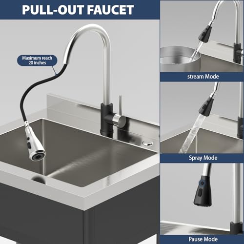 Lordear Stainless Steel Utility Sink 24 Inch - 24"x21" Freestanding Stainless Steel Kitchen Sink Single Bowl Commercial and Residential Use for Laundry Room Garage Outdoor and Kitchen