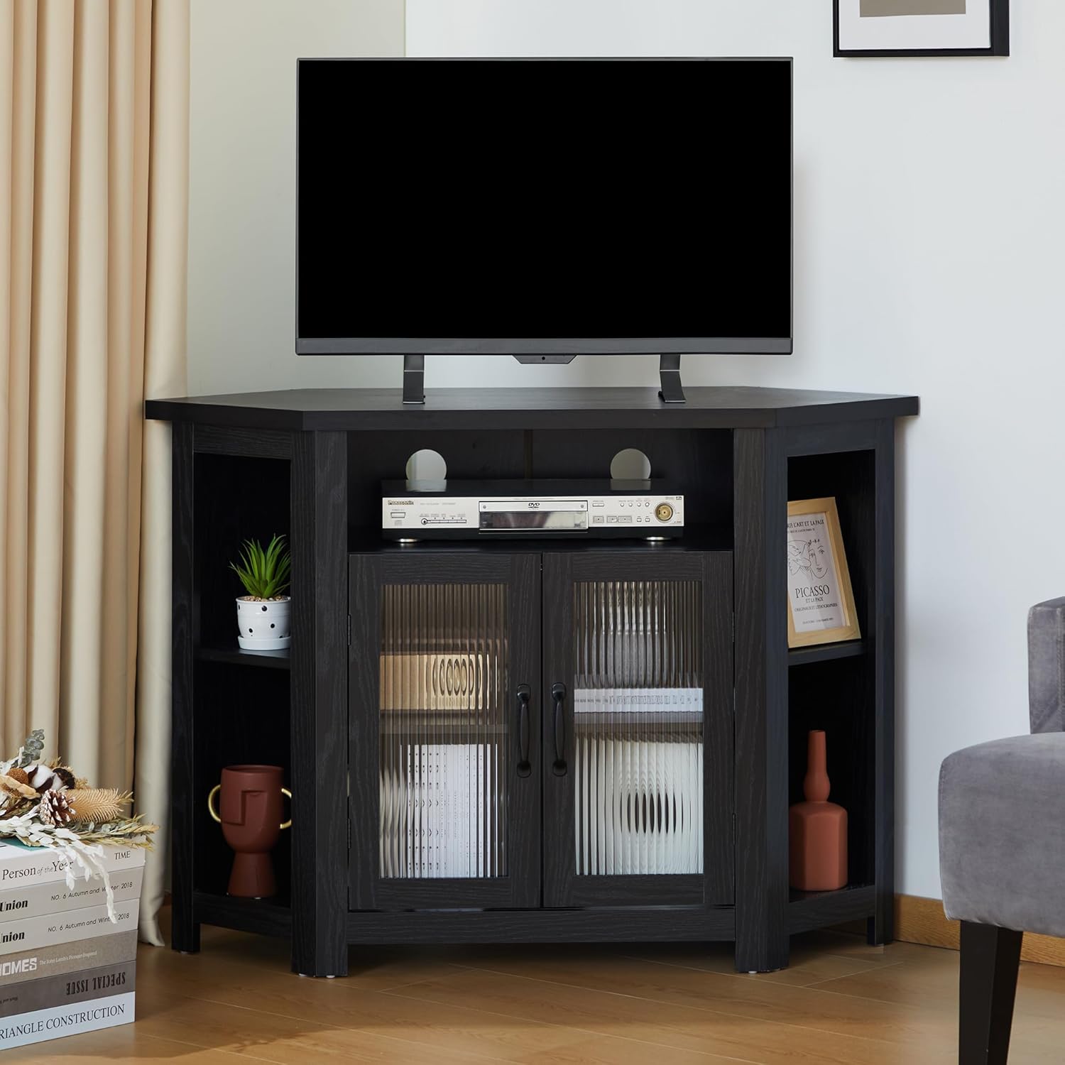 Corner TV Stand for TVs up to 50 Inch, Media Entertainment Center with Storage Shelves and Glass Doors, Console Table Buffet Cabinet for Living Room Bedroom