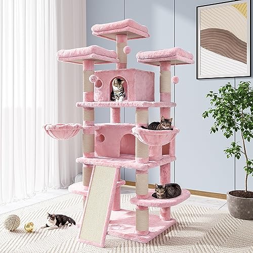 Allewie 68 Inches Cat Tree/House and Towers for Big Feline/Scratching Post/Multi-Level Large Kitty Climbing Tree with Condo/Smokey Grey