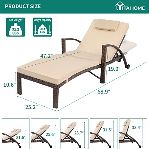 YITAHOME Outdoor Chaise Lounge Chair, PE Rattan Wicker Patio Pool Loungers with 5-Position Adjustable Backrest, Armrests, Cushion, Pillow, and Wheels for Poolside Porch Garden Beach (Brown)