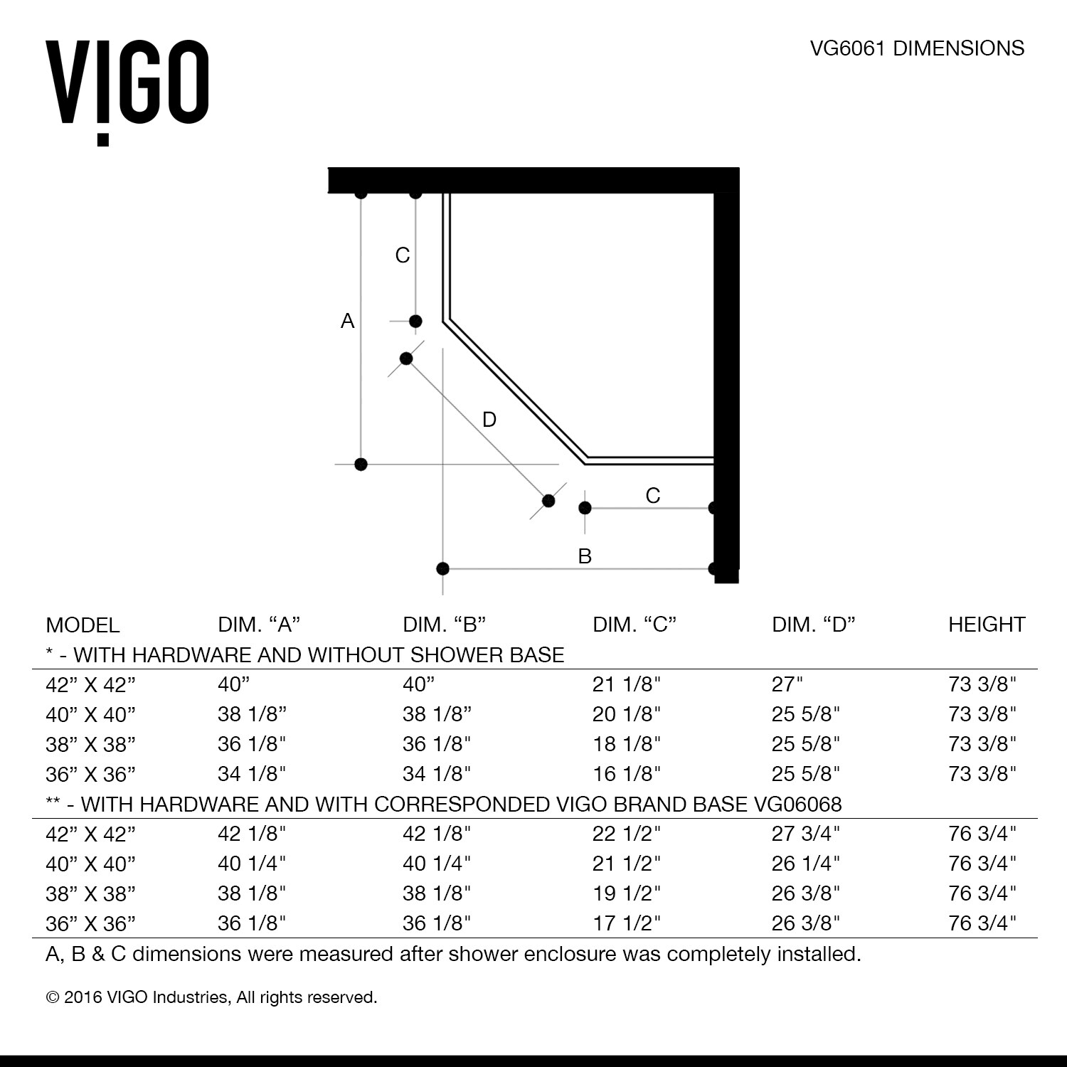 Vigo VG6061CHCL38W Verona Frameless Neo-Angle Shower Enclosure with Base