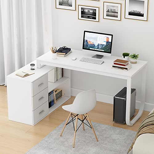 FAMAPY 55.1” L-Shaped Desk with Drawers and Shelves, Office Desk Corner Desk with Storage, Computer Desk Craft Desk for Home Office Bedroom White