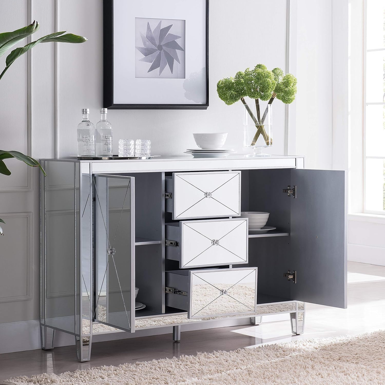SEI Furniture Mirage Mirrored 3 Drawers, Faux Crystal Knobs, and Matte Silver Trim Cabinet