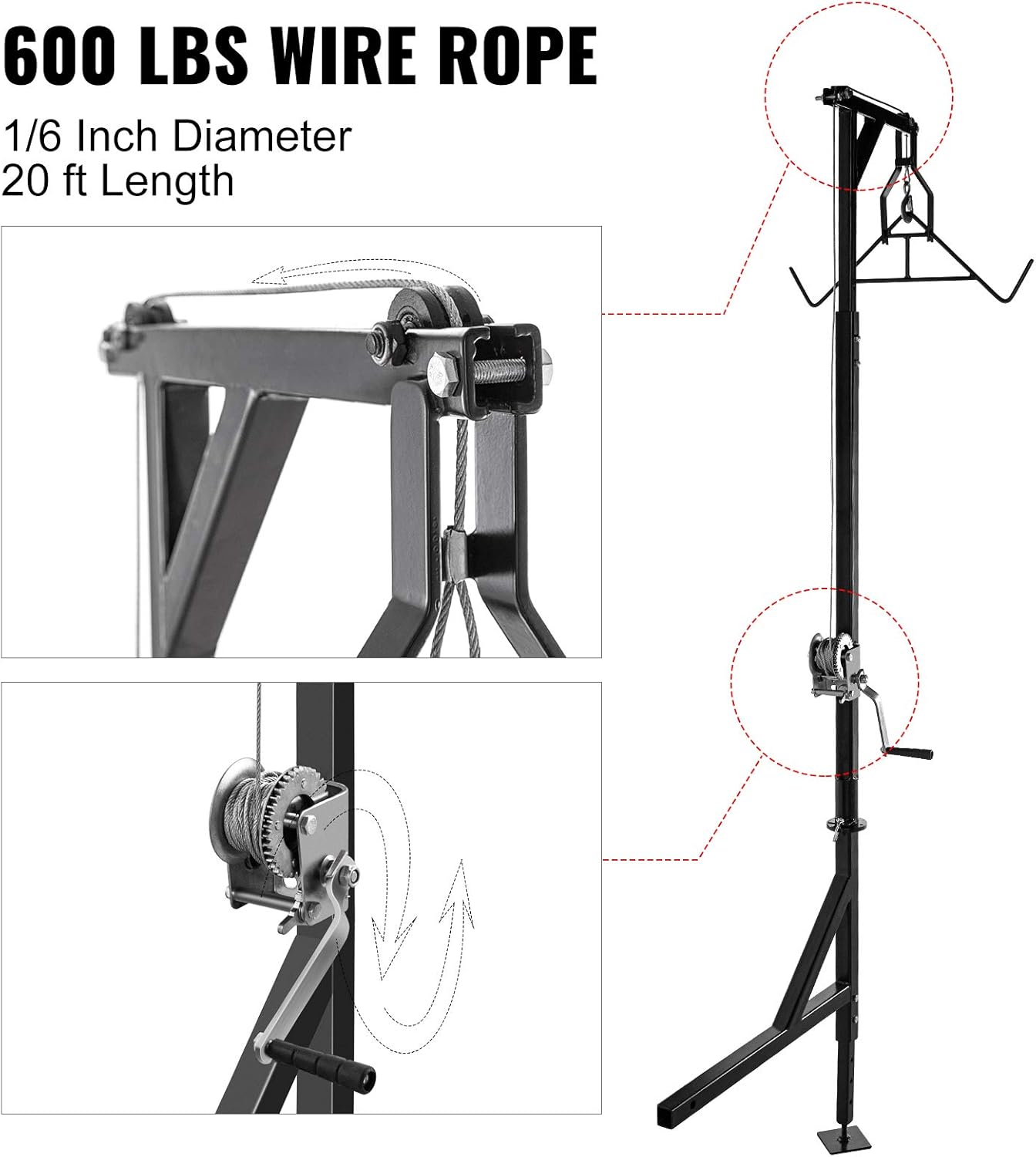 VEVOR Hitch Mounted Deer Hoist, 500lbs Capacity Hitch Game Hoist, 2'' Truck Hitch Deer Hoist with Winch Lift Gambrel Set, Foot Base, Adjustable Height and 360 Degrees Swivel for Hunting, Hanging