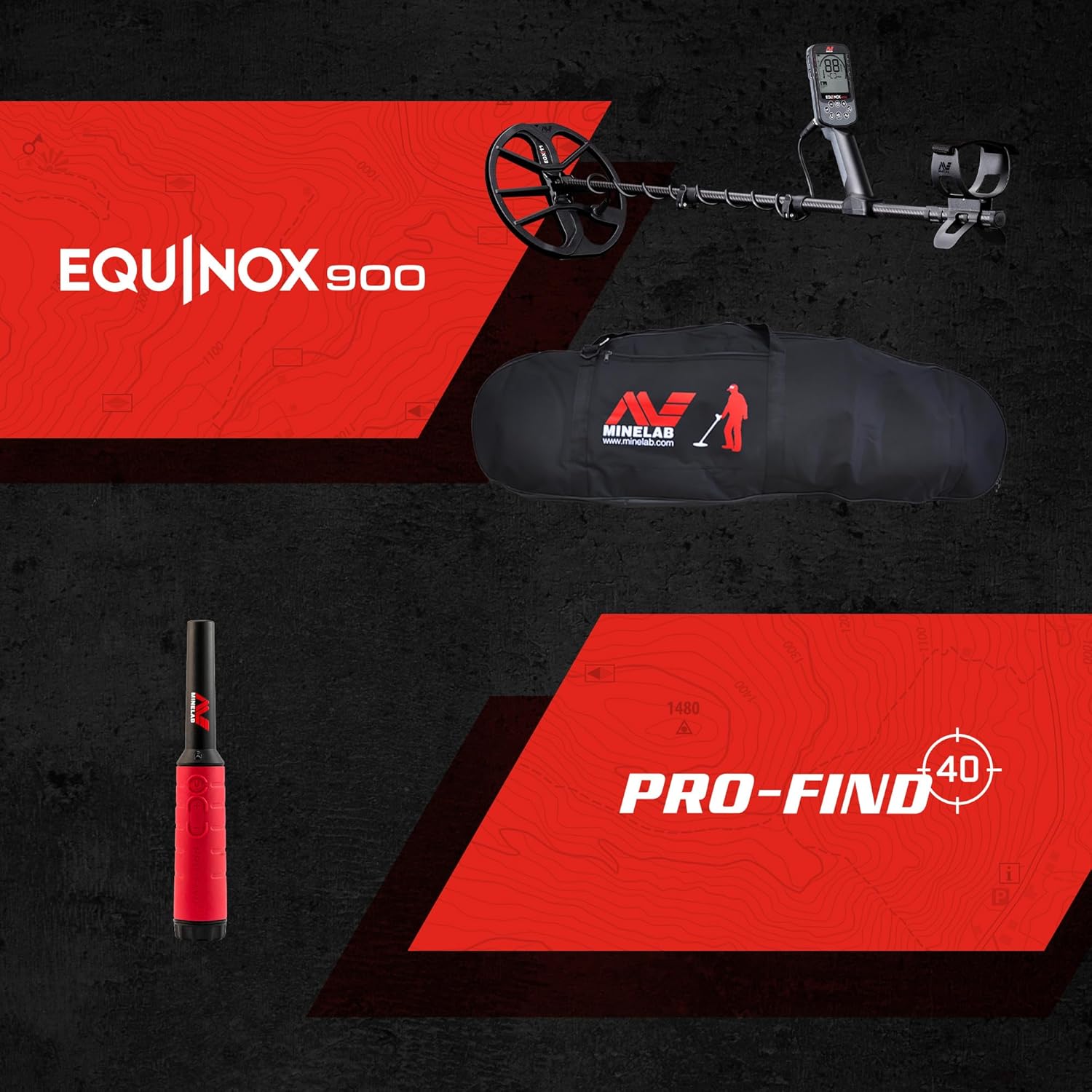 MINELAB EQUINOX 900 Multi-Frequency, Collapsible, Professional Metal Detector Bundle for Adults with EQX 11" & 6” Waterproof Double-D Coils, PRO-FIND 40 Advanced Pinpointer & Handheld Carry Bag