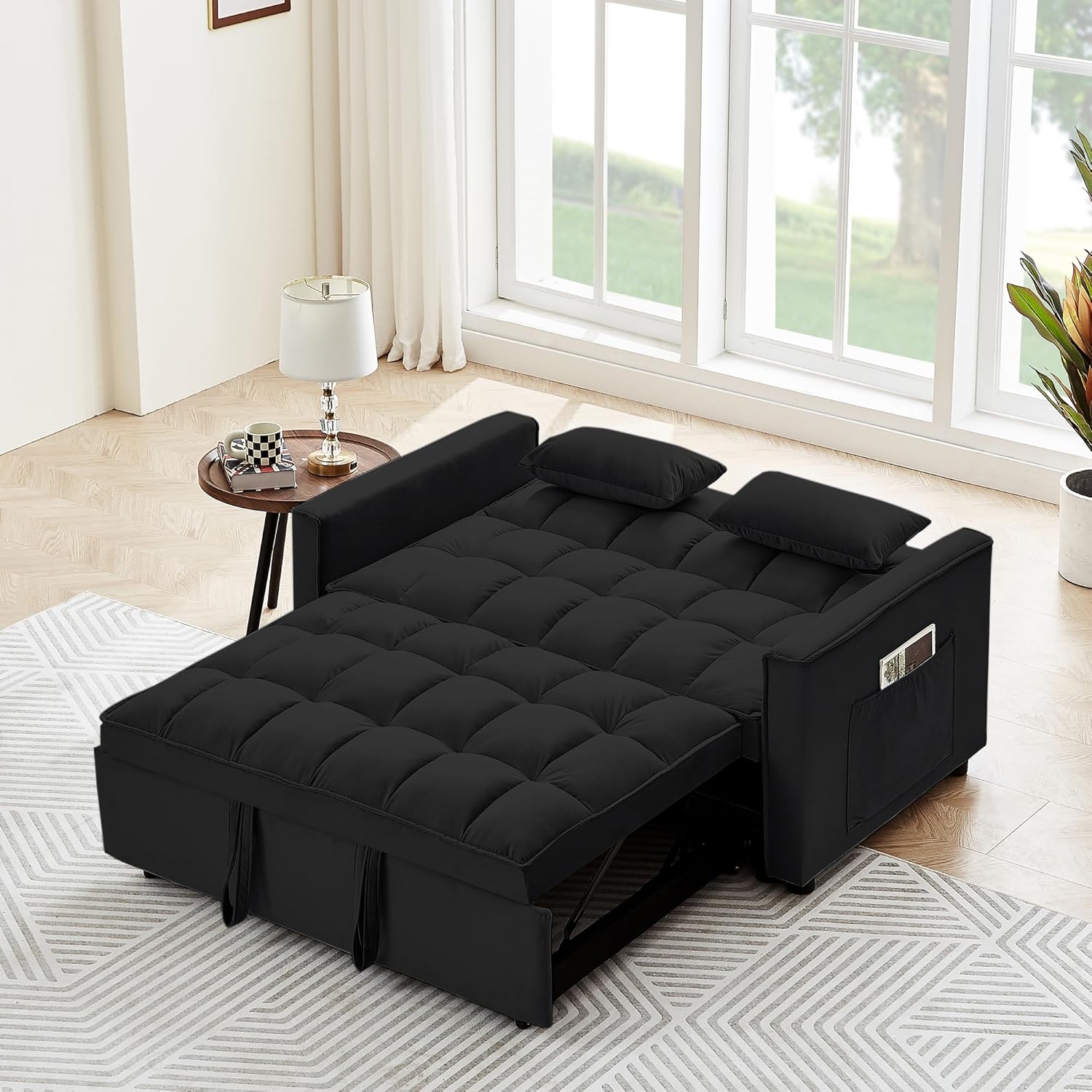 55" Full Size Pull Out Couch-3 in 1 Convertible Futon Sofa Bed, Fluffy Velvet Loveseat Sofa Cama, Foldable Lounge Sleeper Sofa with Pullout Bed, Small Couch for Living Room