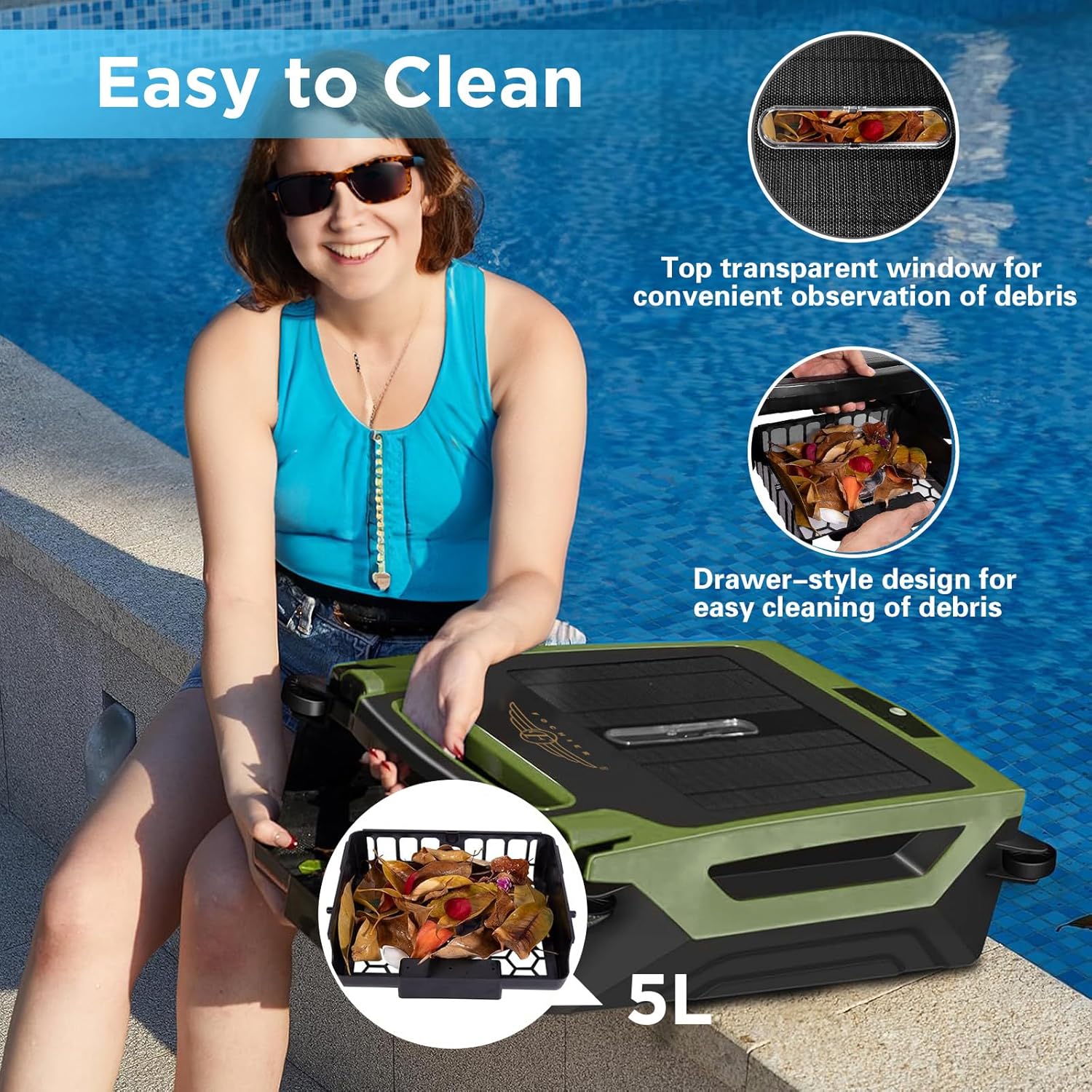 (2024 New) Cordless Robotic Pool Cleaner, Solar Powered Pool Skimmer for Pool Surface with Dual Charging Options, Pool Robot Vacuum with Automatic Obstacle Avoidance, Green