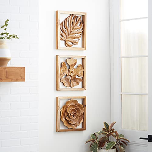 Deco 79 Teak Wood Abstract Handmade Home Wall Decor Live Edge Wood Slab Wall Sculpture, Set of 6 Wall Art 14" W, 16" H, Brown
