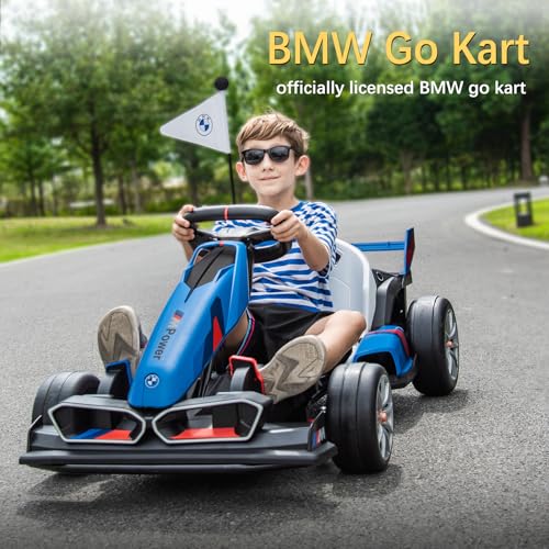 36V Electric Go Kart for Kids, Licensed BMW Battery Powered Drift Racing Go Kart, 7.5 MPH Drift Kart with Dual 300W Powerful Motor, Kids Race Pedal Go Karting Car w/Adjustable Speed, White