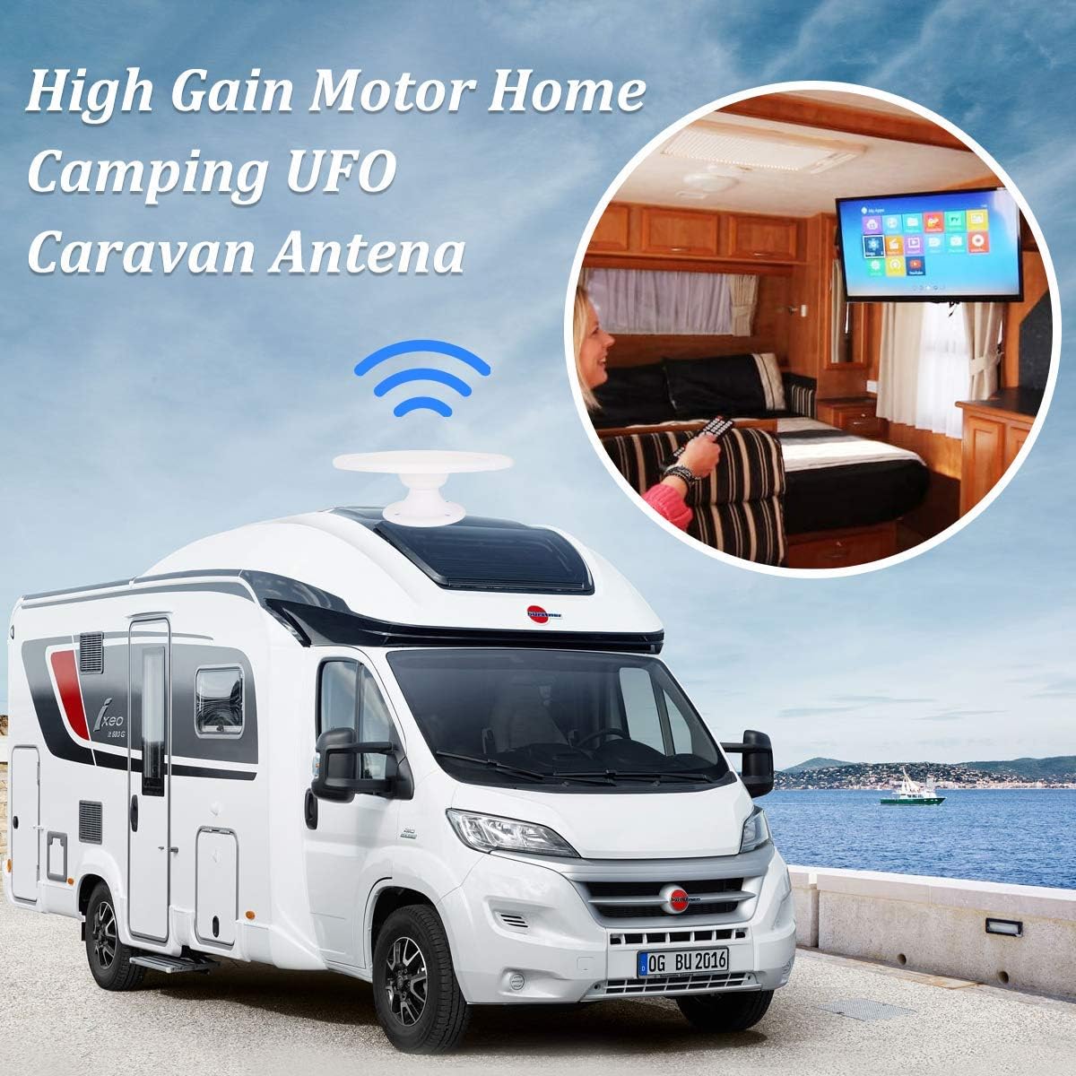 Long Range RV TV Antenna Outdoor Digital HDTV Antenna, Amplifier Signal Booster 16ft Coaxial Cable - for Camper, RV Trailer Truck Caravan Boat
