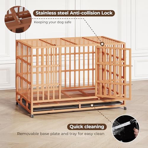 48 Inch Heavy Duty Indestructible Dog Crate Steel Escape Proof, Indoor Double Door High Anxiety Cage, Kennel with Wheels, Removable Tray, Extra Large XL XXL