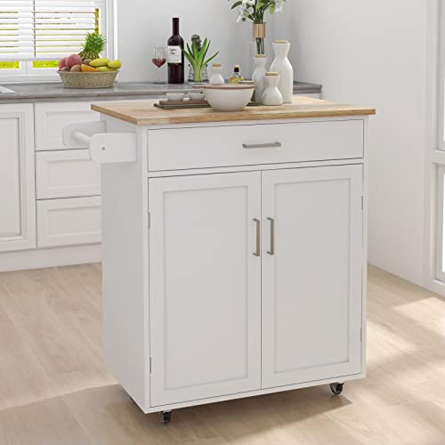 ACLULION Small Kitchen Island Cart with Storage, Rolling Kitchen Island with Rubber Wood Top, Kitchen Island on Wheels with Drawer, Towel Rack and Cabinet for Kitchen, Dining Room (White)