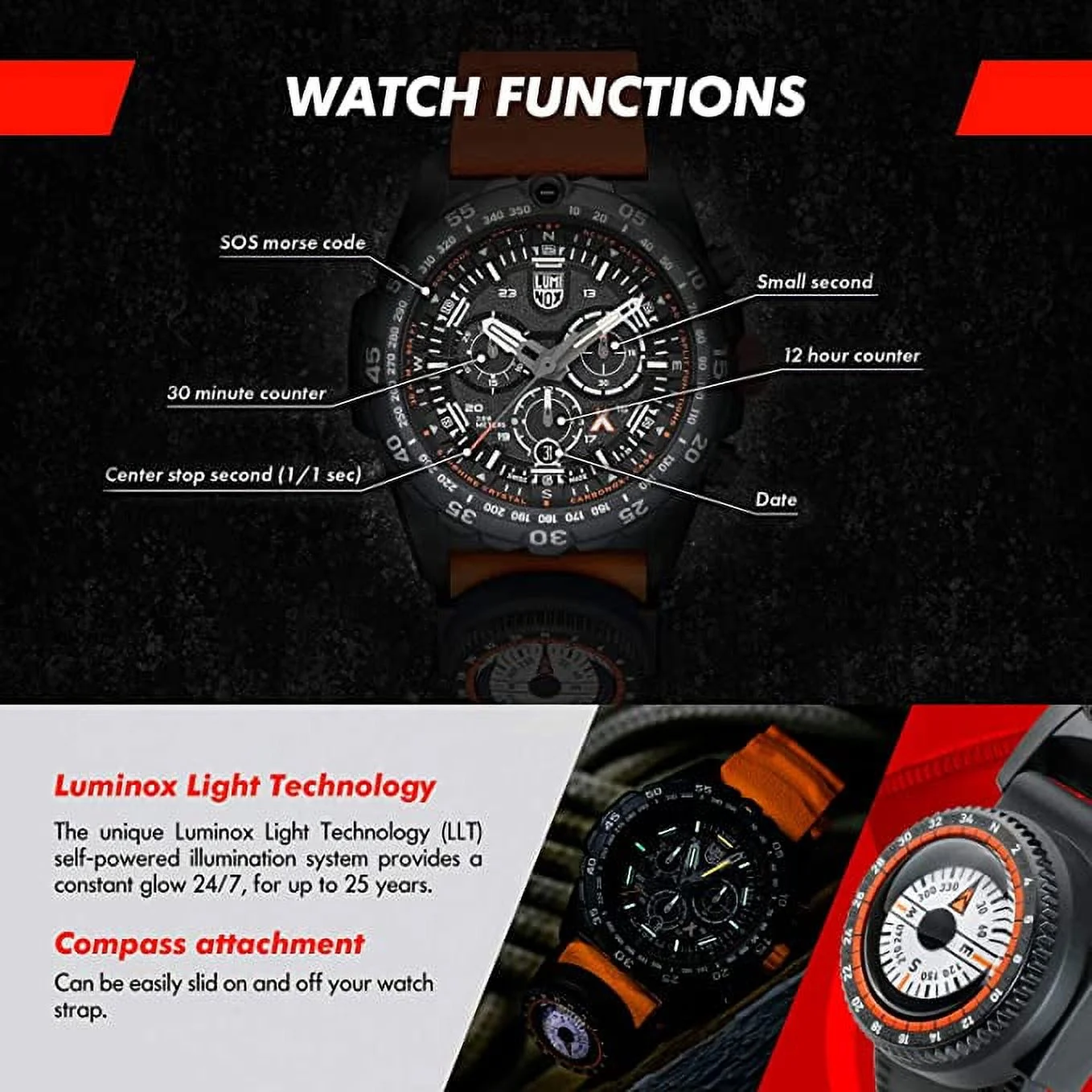 Luminox Bear Grylls Mens Watch Survival Master Series - 3749: 45mm Black/Orange Stainless Steel Swiss Made 300 M Water Resistance