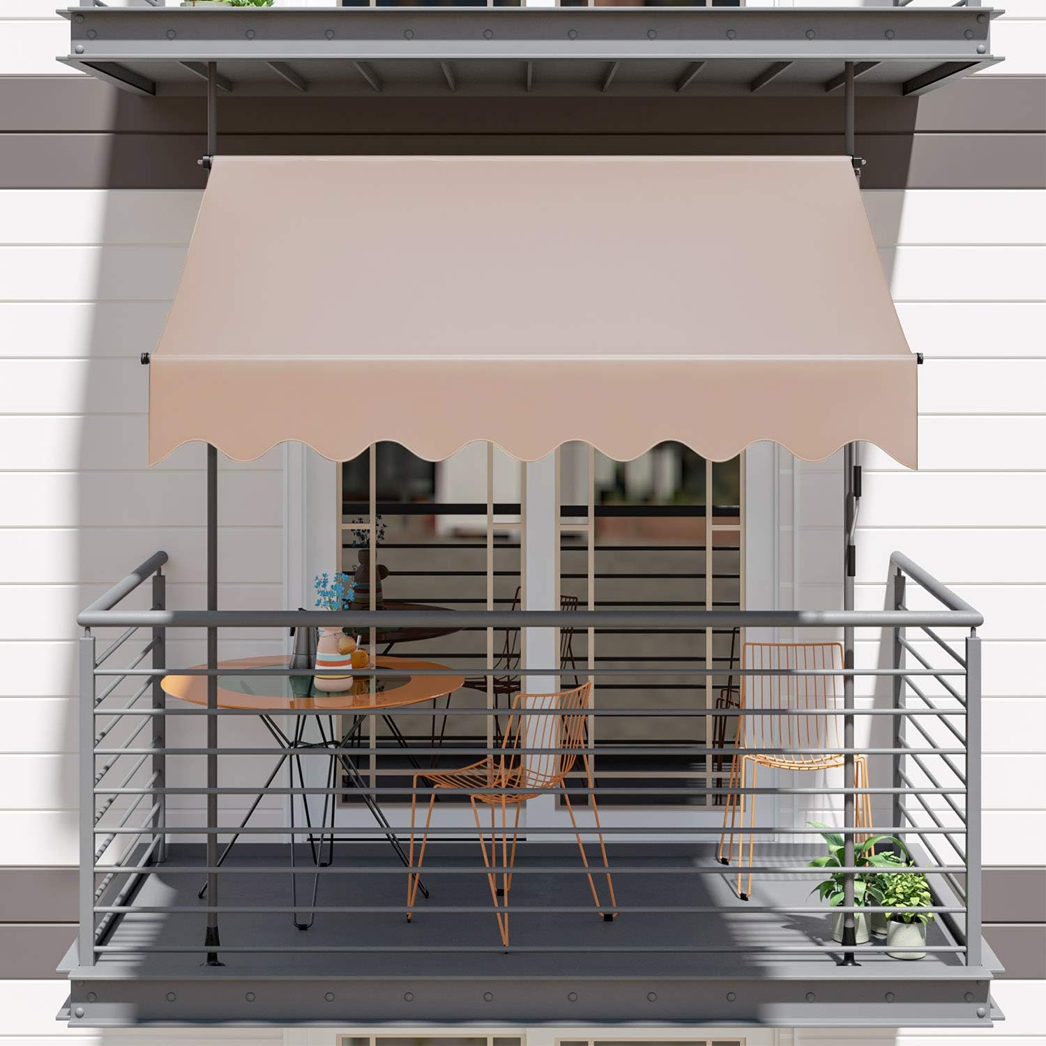 118"×47" Patio Awning, Retractable Awning, Balcony Awning, UV & Water Resistant, Height Adjustable, with Hand Crank, Khaki
