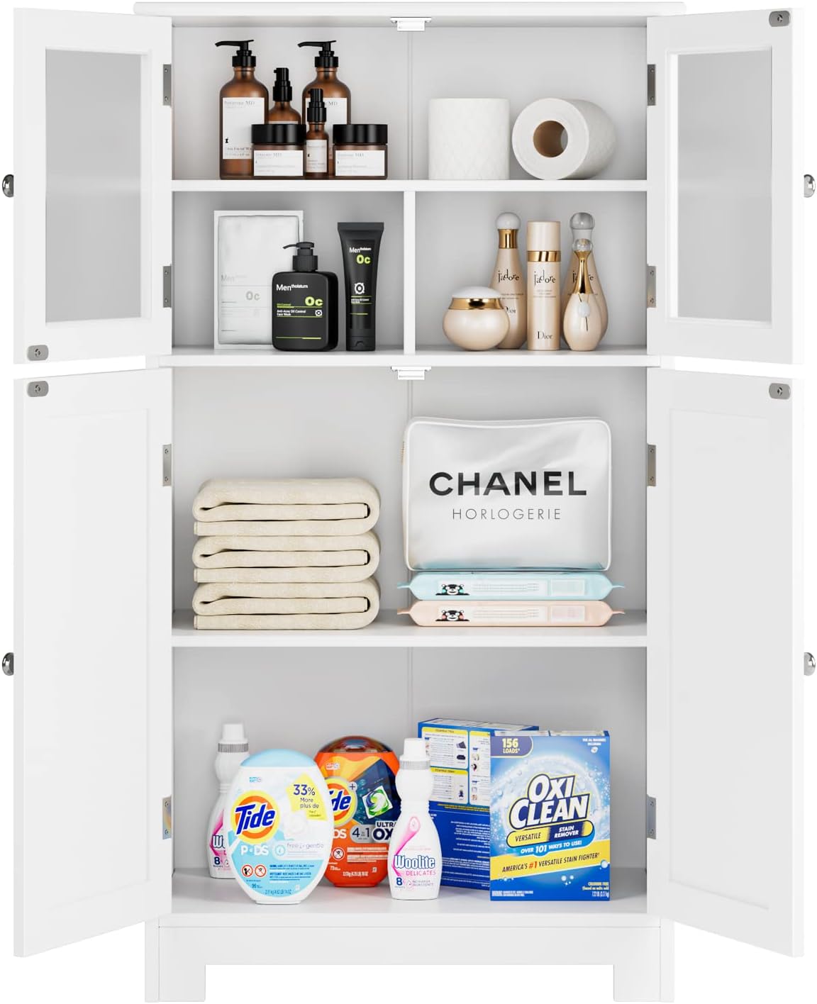 HORSTORS Bathroom Cabinet, Linen Storage Cabinet with Doors, Wooden Floor Cabinet with Adjustable Shelves for Bathroom, Living Room, Office, White