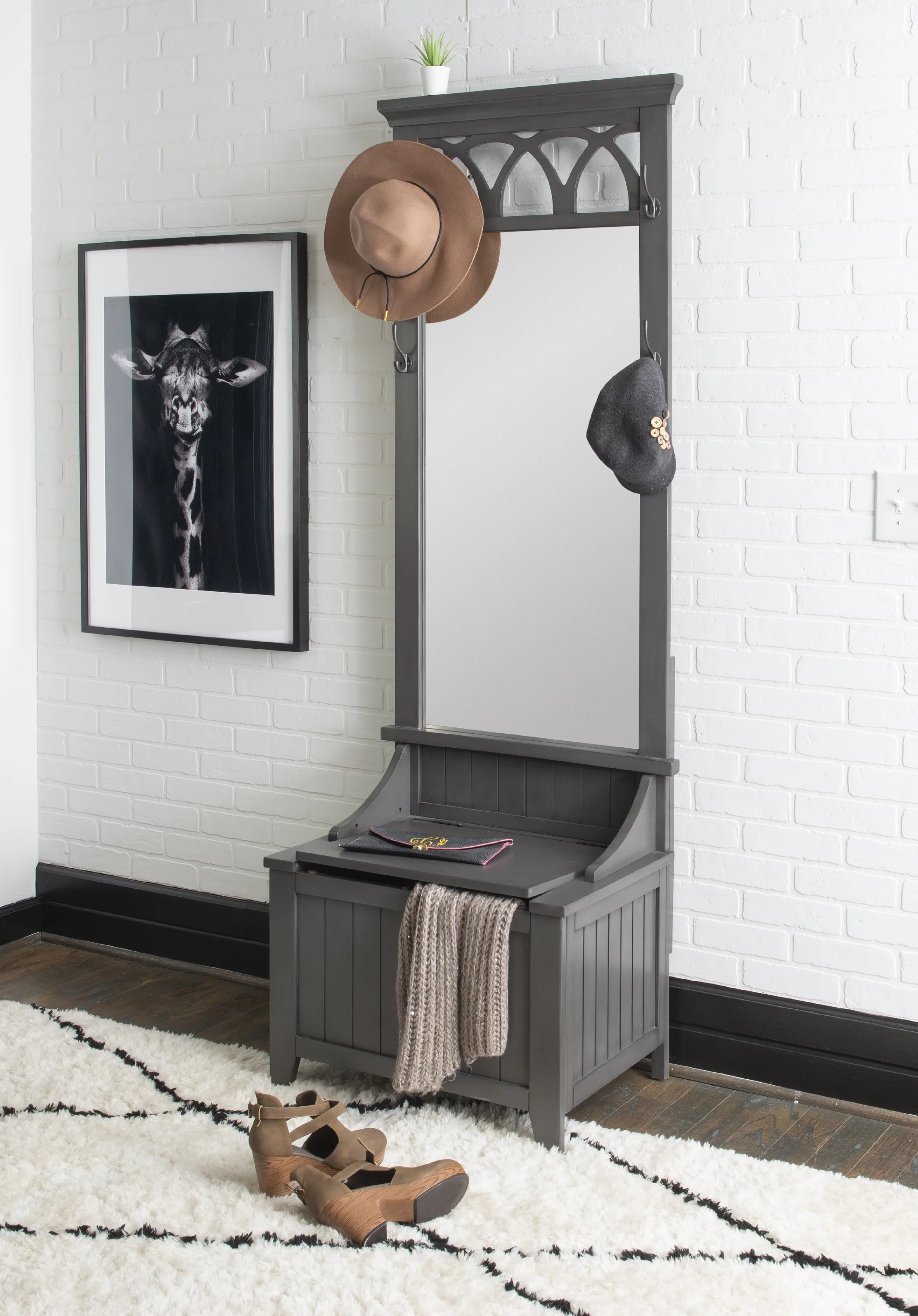 Winslett 4-Hook Hall Tree with Storage Bench and Mirror, Gray