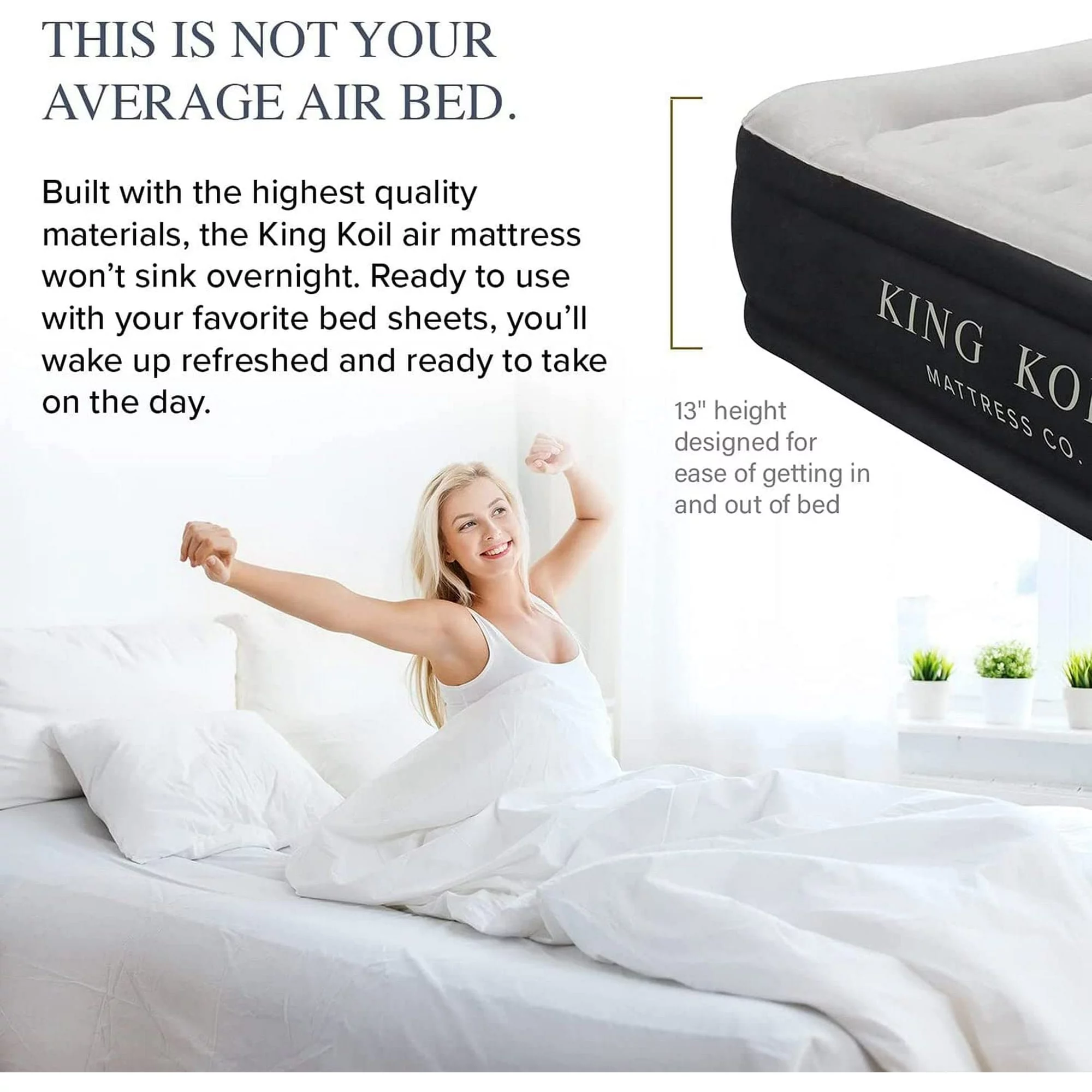 King Koil Luxury 13in Queen Air Mattress with Built-in Pump for Home, Camping & Guests - Queen Size Inflatable Airbed Luxury Double High Adjustable Blow Up Mattress, Durable Portable Waterproof