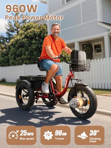 Electric Trike for Adults 960W Peak, 36V 15AH Battery Ebike 50 Miles Range with Large Rear Basket, Electric Trike 20" Fat Tire, Max 25MPH 3 Wheel Folding Electric Tricycle for Adults(Lava)