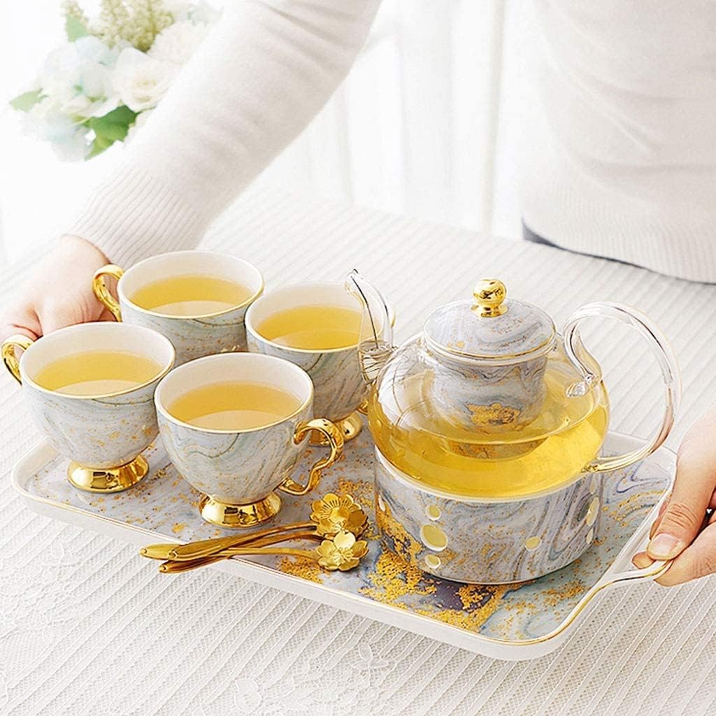 Tea Set for Adults 7pcs British Luxury Ceramics Tea Set with Tray Coffee Set Candle Heating Glass Teapot Set Pot Cup Set Coffeeware 600ml Tea Sets with Teapot (A 7 Pieces.)