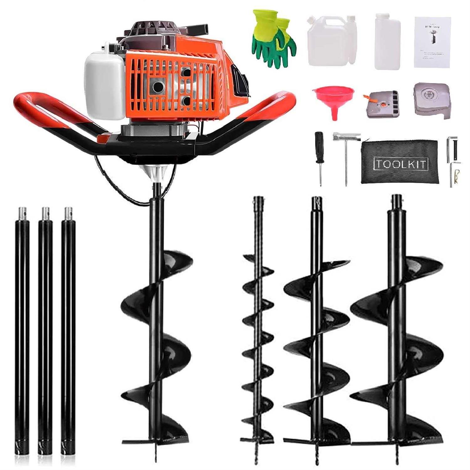 Ziokok 62cc Auger Post Hole Digger 2 Stroke Gas Powered Earth Post Hole Digger with 3 Auger Drill Bits + 3 Extension Rods for Fa - Shop Hardware Tools Online Store