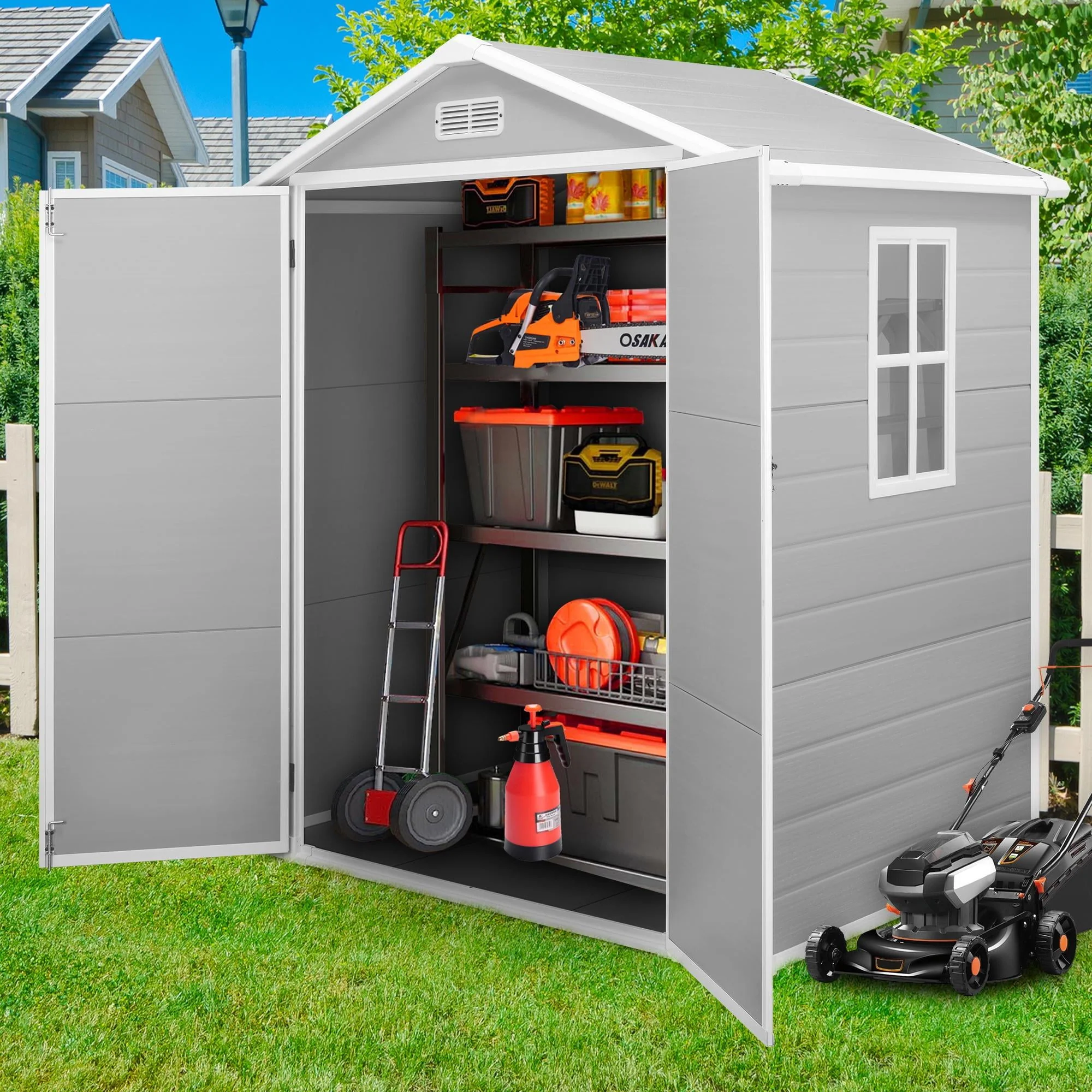 6' x 4.4' Plastic Outdoor Shed, All-Weather Resin Large Backyard Storage Sheds with Reinforced Floor, Lockable Door Garage Patio Garden Storage Shed
