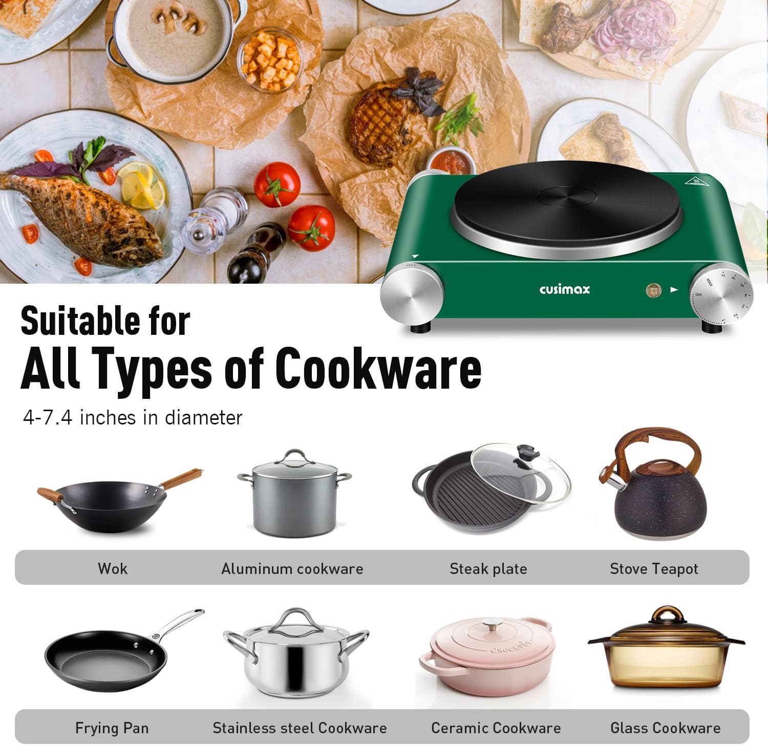 Cusimax Hot Plate Electric Burner Single Burner Cast Iron hot plates for cooking Portable Burner 1500W with Adjustable Temperature Control Stainless Steel Non-Slip Rubber Feet, Upgraded Version