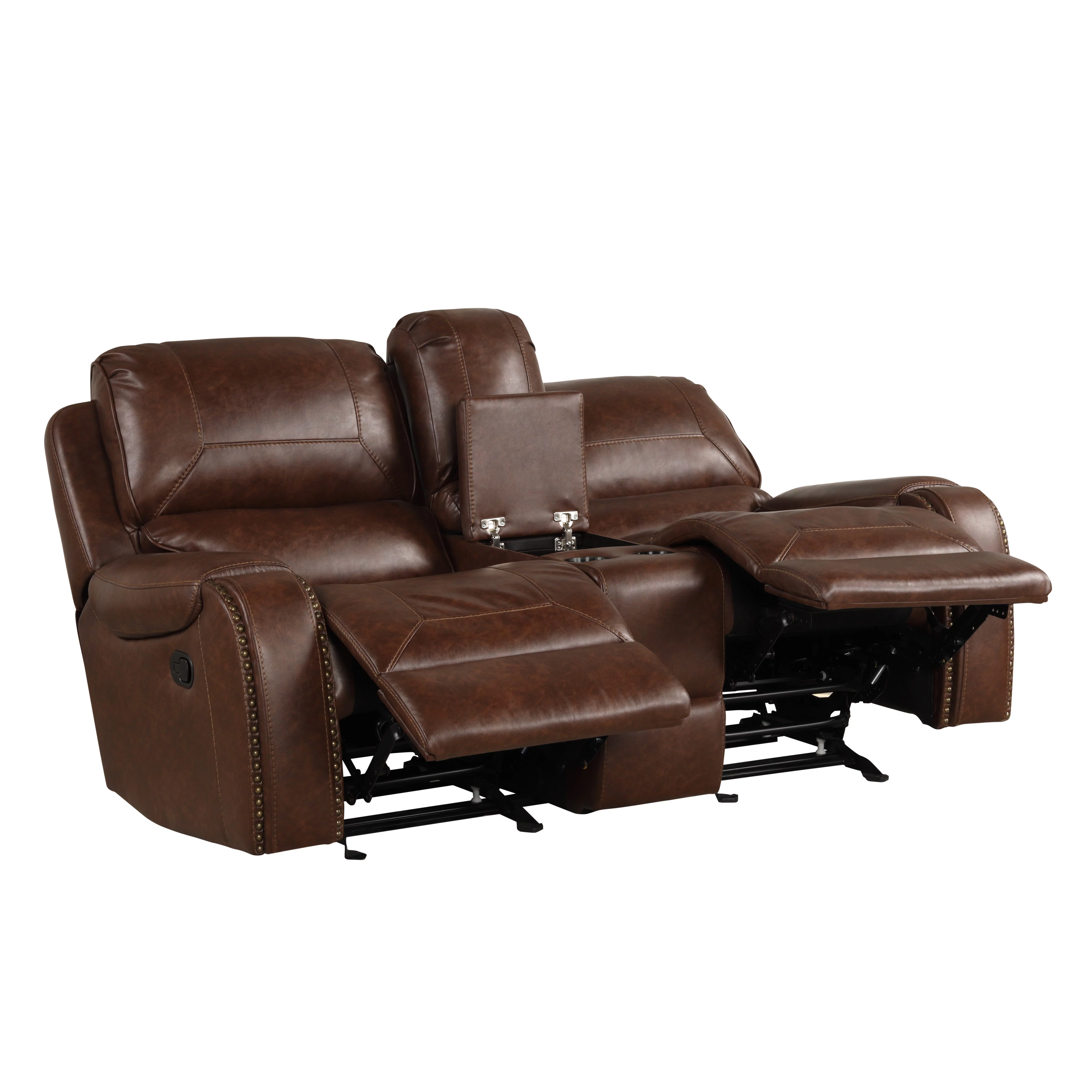 Roundhill Furniture Achern Brown Leather-Air Nailhead Manual Reclining 3-Piece Sofa Set