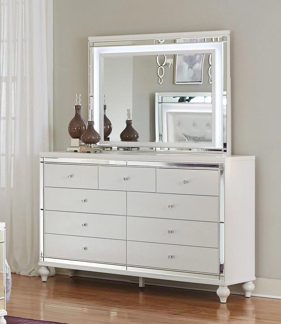 Contemporary White Metallic Finish 4pc Bedroom Set Est-King Bed Nightstand Dresser LED Mirror Headboard